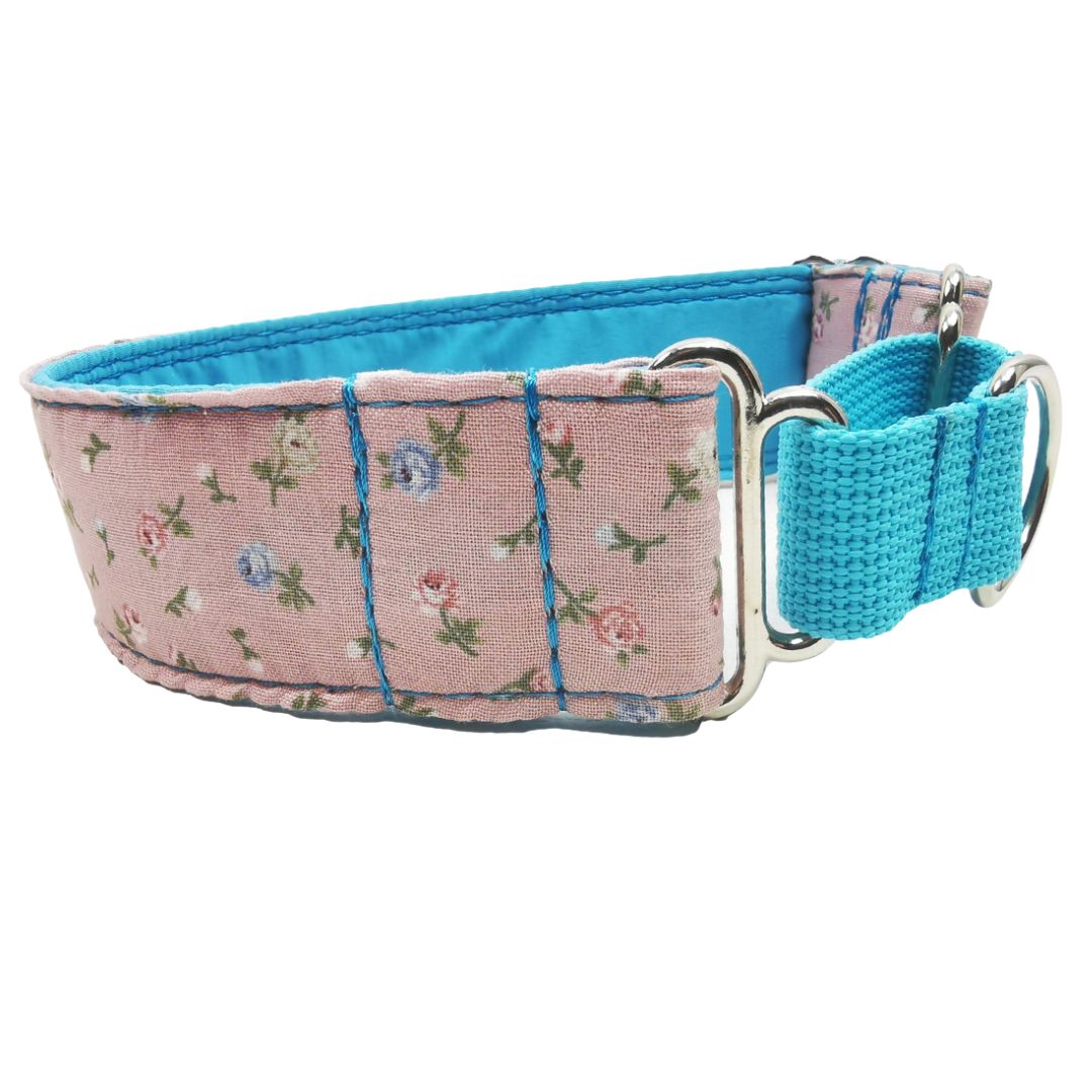 Sofortkauf-Martingale-Halsband-reduziert-Röschen-mini-altrosa-blau XS (22-32 cm)